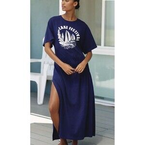 Anthropologie Celadine Long Navy Blue Dress Lake Festival Size Medium Side Slit